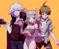 Rule 34 | 1girl, 2boys, :o, ahoge, alcohol, animal ears, animal hands, black cape, black gloves, breasts, brown hair, buttons, cape, cat ears, cat girl, cat paws, cat tail, cleavage, commentary, cosplay, cowboy shot, cup, danganronpa (series), danganronpa 2: goodbye despair, detached sleeves, double-breasted, drinking glass, elbow gloves, food-themed hair ornament, frankenstein&#039;s monster, frankenstein&#039;s monster (cosplay), fur trim, gloves, grey hair, hair ornament, halloween costume, hand up, hinata hajime, komaeda nagito, large breasts, leotard, light brown hair, long hair, looking at viewer, medium hair, multicolored hair, multiple boys, nanami chiaki, open mouth, orange background, pink hair, qosic, red cape, short hair, sketch, spiked hair, tail, two-tone hair, vampire costume, wine, wine glass