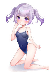 Rule 34 | 1girl, barefoot, blue one-piece swimsuit, breasts, competition school swimsuit, covered navel, highleg, highleg swimsuit, kneeling, niro (niro26), ocean, one-piece swimsuit, original, purple eyes, purple hair, school swimsuit, simple background, small breasts, solo, swimsuit, twintails, white background