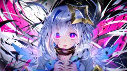 Rule 34 | 1girl, amane kanata, angel wings, armband, blood, bob cut, colored inner hair, commentary request, glowing, glowing eyes, hair ornament, halo, highres, hololive, looking at viewer, multicolored hair, open mouth, portrait, purple eyes, ria (rilpoppo), shirt, short hair, silver hair, single hair intake, solo, star halo, virtual youtuber, wings