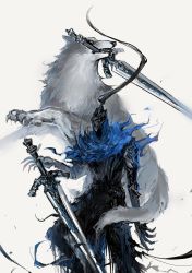 Rule 34 | 1boy, animal, arm at side, armor, armored dress, artorias the abysswalker, belt, blue capelet, breastplate, capelet, dark souls (series), dark souls i, faceless, facing viewer, feet out of frame, full armor, gauntlets, great grey wolf sif, greatsword, helmet, highres, holding, holding sword, holding weapon, hood, jumping, knight, looking away, mouth hold, nira (nira box), open hands, outstretched hand, planted, planted sword, planted weapon, plume, reaching, shoulder armor, simple background, standing, sword, weapon, white background, wolf