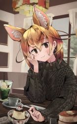 Rule 34 | 1girl, alternate costume, animal ear fluff, animal ears, aran sweater, black sweater, blonde hair, blush, brown eyes, cable knit, casual, commentary request, cup, desert, drinking glass, earrings, extra ears, fennec (kemono friends), fox ears, fox girl, highres, jewelry, kemono friends, long sleeves, looking at viewer, messy hair, nanana (nanana iz), short hair, solo, sweater, yellow eyes