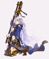 Rule 34 | 10s, ahoge, belt, boots, braid, breasts, from side, full body, granblue fantasy, grey background, gun, hair between eyes, highres, hood, hooded coat, hoodie, kneeling, long hair, looking at viewer, medium breasts, midriff, hugging object, parted lips, rifle, senmu (senmudayo), side braid, silva (granblue fantasy), silver hair, simple background, skirt, solo, thigh boots, thighhighs, very long hair, weapon, yellow eyes