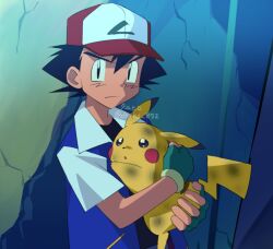 Rule 34 | 1boy, ash ketchum, baseball cap, black eyes, black hair, blue jacket, closed mouth, commentary request, crack, cracked wall, creatures (company), fingerless gloves, from side, frown, game freak, gen 1 pokemon, gloves, green gloves, hat, holding, holding pokemon, jacket, knhrpnkt, male focus, nintendo, pikachu, pokemon, pokemon (anime), pokemon (classic anime), pokemon (creature), red headwear, short hair, short sleeves, upper body, watermark