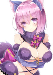 Rule 34 | 1girl, animal ears, arched back, bad id, bad pixiv id, blush, bow, breasts, cleavage, closed mouth, crossed arms, elbow gloves, fate/grand order, fate (series), fur-trimmed gloves, fur collar, fur trim, gloves, hair between eyes, hair over one eye, large bow, large breasts, looking at viewer, mash kyrielight, mash kyrielight (dangerous beast), o-ring, o-ring top, official alternate costume, purple bow, purple eyes, purple gloves, purple hair, short hair, sidelocks, simple background, smile, solo, tail, upper body, white background, wolf ears, wolf tail, yuzu-aki