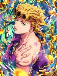Rule 34 | 1boy, abs, absurdres, blonde hair, braid, earrings, fingernails, giorno giovanna, green eyes, highres, jacket, jewelry, jojo no kimyou na bouken, lips, long hair, looking at viewer, muscular, muscular male, open clothes, open jacket, parted lips, pink jacket, star (symbol), upper body, vento aureo, watawata nr (siroraku)