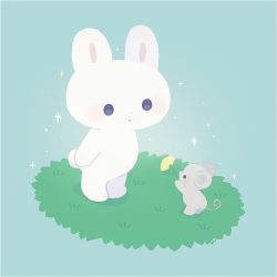 Rule 34 | ayu (mog), blue background, blush, commentary, flower, grass, holding, holding flower, mouse (animal), no humans, original, parted lips, purple eyes, rabbit, signature, sparkle, symbol-only commentary, yellow flower