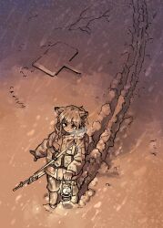 Rule 34 | 1girl, :&lt;, absurdres, animal ears, fox ears, fox girl, fox girl (yihan1949), fox tail, from above, gun, highres, holding, holding lantern, lantern, night, original, rifle, snow, snowing, solo, standing, steam, steam from mouth, tail, weapon, winter clothes, yihan1949