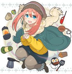 Rule 34 | 1girl, :d, absurdres, beanie, blue eyes, blue skirt, blush, boots, brown footwear, brown hat, brown pantyhose, brown scarf, commentary request, cup, egg (food), firewood, food, fried egg, fringe trim, frying pan, full body, fur-trimmed boots, fur trim, hair between eyes, hat, highres, interlocked fingers, kagamihara nadeshiko, kasa list, lantern, lighter, long sleeves, looking at viewer, mug, open mouth, own hands clasped, own hands together, pantyhose, pink hair, puffy long sleeves, puffy sleeves, sausage, scarf, sidelocks, skirt, sleeves past wrists, smile, solo, spatula, sweater, white background, yellow sweater, yurucamp