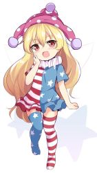 Rule 34 | 1girl, american flag dress, american flag legwear, baku-p, blonde hair, clownpiece, commentary request, dress, fairy wings, full body, hand on own face, hat, jester cap, long hair, neck ruff, one-hour drawing challenge, open mouth, pantyhose, pink hat, red eyes, short dress, smile, solo, thigh gap, touhou, very long hair, wings