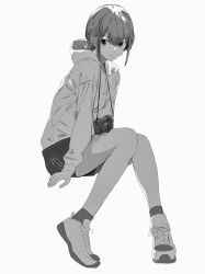Rule 34 | 1girl, absurdres, camera, camera around neck, commentary request, full body, greyscale, hair between eyes, highres, hood, hoodie, looking at viewer, monochrome, original, ponytail, shimkarom, shoes, shorts, simple background, sitting, sneakers, solo