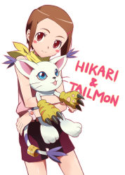 Rule 34 | 00s, 1girl, :3, animal hands, bad id, bad pixiv id, blush stickers, brown hair, character name, claws, digimon, digimon (creature), digimon adventure 02, gloves, hair ornament, hairclip, n-tamaki, paw gloves, red eyes, scarf, short hair, shorts, smile, tail, tail ornament, tail ring, tailmon, yagami hikari
