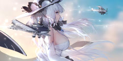 Rule 34 | 1girl, aircraft, airplane, azur lane, biplane, blue eyes, blue sky, breasts, cloud, dress, elbow gloves, fairey swordfish, flight deck, floating hair, from side, gloves, hair ribbon, hat, highres, illustrious (azur lane), lace trim, large breasts, long hair, looking away, ribbon, see-through, sky, smile, solo, strapless, strapless dress, sun hat, swd3e2, tress ribbon, very long hair, white dress, white gloves, white hair, white hat