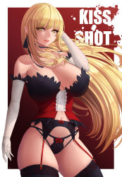 Rule 34 | 1girl, bakemonogatari, bare shoulders, black panties, black ribbon, black thighhighs, blonde hair, breasts, character name, cleavage, commentary, elbow gloves, english commentary, female focus, garter belt, garter straps, gloves, hair ribbon, hand in own hair, highres, kiss-shot acerola-orion heart-under-blade, kizumonogatari, large breasts, long hair, looking to the side, matching hair/eyes, monogatari (series), navel, oshino shinobu, panties, parted lips, pointy ears, red background, ribbon, solo, thighhighs, thighs, underwear, vampire, very long hair, white gloves, yellow eyes, zaphn