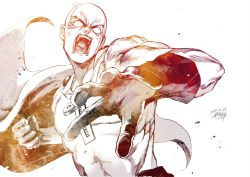 Rule 34 | 1boy, absurdres, bald, blank eyes, bodysuit, cape, clenched hand, commentary, gloves, highres, hiraoka koushi, huge filesize, male focus, monochrome, muscular, one-punch man, open mouth, punching, saitama (one-punch man), superhero costume
