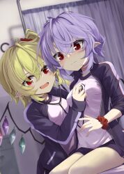 Rule 34 | 2girls, ahoge, akisome hatsuka, alternate costume, black jacket, blonde hair, closed mouth, commentary request, commission, crystal, examination, flandre scarlet, heart (organ), indoors, jacket, long sleeves, medical examination, multiple girls, one side up, open mouth, pointy ears, purple hair, red eyes, remilia scarlet, shirt, short hair, siblings, sisters, sitting, skeb commission, stethoscope, textless version, touhou, white shirt, wings
