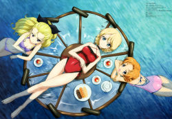 Rule 34 | 10s, 3girls, :d, afloat, ass, assam (girls und panzer), barefoot, bikini, blonde hair, blue eyes, braid, breasts, casual one-piece swimsuit, choker, cleavage, cookie, covered navel, criss-cross halter, crossed arms, crossed legs, cup, darjeeling (girls und panzer), drink, feet, food, from above, girls und panzer, green eyes, hair slicked back, halterneck, highres, light smile, looking at viewer, looking up, lying, mc axis, multiple girls, navel, non-web source, official art, on back, one-piece swimsuit, open mouth, orange hair, orange pekoe (girls und panzer), panjandrum, partially submerged, pink one-piece swimsuit, pinup (style), plate, purple bikini, red one-piece swimsuit, saucer, scan, smile, soaking feet, sugimoto isao, swimsuit, tea, tea set, teacup, teapot, thigh gap, water