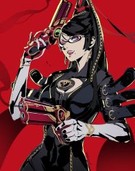 Rule 34 | 1girl, bayonetta, bayonetta (series), bayonetta 1, black hair, blue eyes, cleavage cutout, clothing cutout, commentary, datcravat, dual wielding, elbow gloves, glasses, gloves, gun, hair bun, holding, holding gun, holding weapon, long hair, mole, mole under mouth, one eye closed, open mouth, red background, simple background, solo, swept bangs, tongue, tongue out, upper body, very long hair, weapon, white gloves