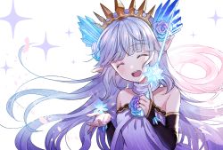 Rule 34 | 1girl, ^ ^, bare shoulders, black gloves, blue hair, blunt bangs, bridal gauntlets, closed eyes, commentary request, detached sleeves, dress, elbow gloves, facing viewer, flower, gloves, granblue fantasy, hair flower, hair ornament, head tilt, highres, ice crystal, lily (granblue fantasy), long hair, myusha, open mouth, pointy ears, solo, sparkle, strapless, strapless dress, teeth, tiara, upper body, upper teeth only