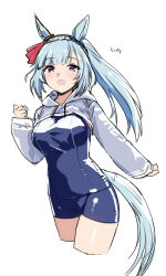 Rule 34 | 1girl, alternate hairstyle, animal ears, ariyoshi gen, blue hair, blue one-piece swimsuit, braid, breasts, clenched hand, cropped hoodie, cropped legs, crown braid, hand up, highres, hood, hood down, hoodie, horse ears, horse girl, horse tail, light blush, long hair, long sleeves, looking at viewer, medium breasts, mejiro ardan (umamusume), one-piece swimsuit, open mouth, ponytail, purple eyes, school swimsuit, simple background, smile, solo, swimsuit, tail, umamusume, white background