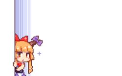 Rule 34 | 1girl, blue background, bow, commentary request, hair bow, horn bow, horns, ibuki suika, kumamoto (bbtonhk2), long hair, looking at viewer, lowres, peeking out, pixel art, purple bow, purple skirt, red bow, red neckwear, shirt, skirt, sleeveless, sleeveless shirt, solo, sparkle, touhou, upper body