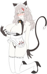 Rule 34 | animal ears, apron, bags under eyes, black gloves, black leotard, blush, breasts, cat ears, cat tail, chaps, cleavage, clothing cutout, coat, coat on shoulders, fake animal ears, fake tail, foguma, gloves, goddess of victory: nikke, grey hair, hair ornament, hairclip, high heels, highres, kneeling, large breasts, leotard, leotard under clothes, long hair, maid, maid apron, maid headdress, messy hair, neck bell, scar, scar on stomach, stomach cutout, tail, thighhighs, white coat, white thighhighs, yellow eyes, yulha (nikke)
