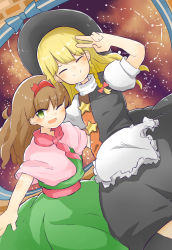 Rule 34 | 2girls, black headwear, black skirt, blonde hair, blush, bow, brown hair, capelet, closed eyes, closed mouth, commentary request, cookie (touhou), dress, dutch angle, feet out of frame, flat chest, food-themed hair ornament, green dress, green eyes, hair bow, hair ornament, hairband, hat, highres, ichigo (cookie), kirisame marisa, long hair, looking at viewer, multiple girls, neckerchief, one eye closed, open mouth, pink capelet, pink neckerchief, pink sash, red bow, red hairband, sash, skirt, smile, star (symbol), strawberry hair ornament, suzu (cookie), touhou, v, witch hat, yumekamaborosh
