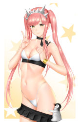 Rule 34 | 1girl, animal, bare arms, bare shoulders, bikini, bird, black choker, black skirt, blunt bangs, blush, bracelet, breasts, choker, cleavage, closed mouth, collarbone, commentary request, cowboy shot, eyelashes, fate/grand order, fate (series), fingernails, groin, hand up, highleg, highleg bikini, highleg swimsuit, highres, hiratake (pixiv282751), jewelry, long fingernails, long hair, looking at viewer, medb (fate), medb (swimsuit saber) (fate), medb (swimsuit saber) (second ascension) (fate), microskirt, nail polish, navel, penguin, pink hair, pink nails, pleated skirt, sidelocks, skindentation, skirt, small breasts, smile, solo, standing, star (symbol), starry background, string bikini, swimsuit, tiara, twintails, very long hair, w, white bikini, yellow eyes