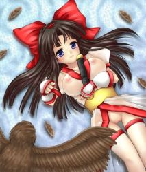 Rule 34 | 1girl, ainu clothes, alternate breast size, between breasts, blue eyes, blush, breast hold, breasts, brown hair, fingerless gloves, gloves, hair ribbon, japanese clothes, large breasts, legs, long hair, looking at viewer, lying, mamahaha, nakoruru, nipples, no panties, on back, pussy, ribbon, samurai spirits, seductive smile, see-through, sexually suggestive, smile, snk, solo, sword, thighhighs, thighs, weapon
