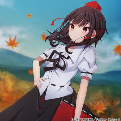 Rule 34 | album cover, autumn, autumn leaves, black hair, black ribbon, black skirt, blue sky, book, check commentary, collared shirt, commentary, commentary request, cover, floating hair, hand on own hip, hat, holding, holding book, looking ahead, lowres, mountainous horizon, notebook, official art, pom pom (clothes), red eyes, red hat, ribbon, sapphire (sapphire25252), shameimaru aya, shirt, short hair, skirt, sky, tokin hat, touhou, touhou cannonball, white shirt