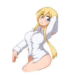 Rule 34 | 1girl, arm behind head, blonde hair, blue eyes, bottomless, breasts, curvy, female focus, kaz (shade), large breasts, long hair, shirt, simple background, solo, thighs, white background