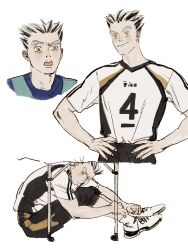 Rule 34 | 1boy, black hair, black shorts, bokuto koutarou, chengongzi123, chinese commentary, closed mouth, commentary request, cropped legs, full body, grey hair, haikyuu!!, hands on own hips, highres, male focus, multicolored hair, multiple views, open mouth, portrait, shirt, short sleeves, shorts, simple background, sitting, slit pupils, smile, sportswear, streaked hair, t-shirt, table, under table, volleyball uniform, white background, white shirt, yellow eyes