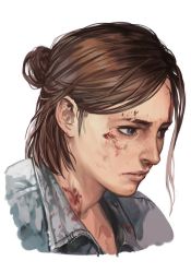 Rule 34 | 1girl, blood, blood on clothes, blood on face, brown hair, ellie (the last of us), hungry clicker, portrait, short hair, simple background, solo, the last of us, the last of us (series), the last of us 2, white background