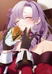 Rule 34 | 1girl, :t, asazuke25, bare shoulders, blush, brown gloves, burger, claw ring, closed eyes, closed mouth, dress, drill hair, eating, food, food on face, gloves, hair ornament, hair ribbon, hairband, highres, holding, holding food, hyakumantenbara salome, hyakumantenbara salome (1st costume), long hair, long sleeves, nijisanji, purple hair, purple hairband, purple ribbon, red dress, ribbon, solo, upper body, virtual youtuber