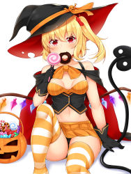 Rule 34 | 1girl, alternate costume, arm up, bare shoulders, black cape, black gloves, black hat, blonde hair, blush, bow, breasts, breasts apart, buttons, candy, cape, collarbone, commentary request, daichi (tokoya), doughnut, flandre scarlet, food, food in mouth, gloves, halloween bucket, halloween costume, hat, hat bow, hat ribbon, highres, holding, holding candy, holding food, holding lollipop, knees, laevatein (touhou), lollipop, looking at viewer, miniskirt, navel, one side up, orange bow, orange ribbon, red eyes, ribbon, side ponytail, simple background, sitting, skirt, small breasts, solo, stomach, striped clothes, striped thighhighs, thighhighs, thighs, touhou, two-sided cape, two-sided fabric, white background, wings, witch hat
