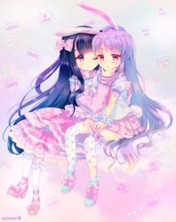 Rule 34 | 2girls, alternate costume, amo (shibu3), animal ears, artist name, black hair, blush, bow, brown eyes, cheek-to-cheek, english text, floral print, full body, hair bow, hand on another&#039;s face, heads together, heart, highres, houraisan kaguya, kneehighs, light purple hair, long hair, long sleeves, looking at another, miniskirt, multiple girls, necktie, one eye closed, open mouth, print legwear, print thighhighs, puffy sleeves, rabbit ears, rabbit tail, red eyes, reisen udongein inaba, sailor collar, shirt, shoes, short sleeves, sitting, skirt, smile, sneakers, socks, tail, text focus, thighhighs, touhou, white legwear, yuri