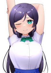 Rule 34 | 1girl, ;), aqua eyes, arm behind head, arms up, blue skirt, blush, bow, bowtie, breasts, closed mouth, green bow, green bowtie, highres, kooei, large breasts, long hair, looking at viewer, love live!, love live! school idol project, one eye closed, otonokizaka school uniform, parted bangs, purple hair, school uniform, shirt, simple background, skirt, smile, solo, stretching, summer uniform, swept bangs, tented shirt, tight clothes, tight shirt, tojo nozomi, upper body, white background, white shirt