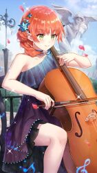 Rule 34 | 1girl, bare legs, blue choker, blue sky, blush, bow (music), braid, butterfly hair ornament, cello, choker, closed mouth, day, dress, eighth note, falling petals, fang, feet out of frame, fountain, girl cafe gun, green eyes, hair ornament, half note, highres, holding, holding bow (music), instrument, lamppost, layered dress, looking ahead, low ponytail, medium hair, music, musical note, off-shoulder dress, off shoulder, official art, on bench, orange hair, outdoors, petals, playing instrument, purple dress, quarter note, rococo (girl cafe gun), single bare shoulder, single braid, single off shoulder, sitting, sixteenth note, skin fang, sky, smile, solo, sparkle, statue, treble clef
