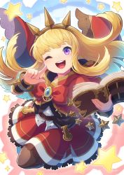 Rule 34 | 1girl, bangle, black pantyhose, blonde hair, book, bow, bracelet, cagliostro (granblue fantasy), cape, commentary request, dress, granblue fantasy, hairband, highres, holding, holding book, jewelry, long hair, looking at viewer, one eye closed, open book, open mouth, pantyhose, pointing, pointing at self, purple eyes, red bow, red dress, smile, solo, star (symbol), teeth, upper teeth only, vambraces, white background, yuiko (yuiyuiko 108)