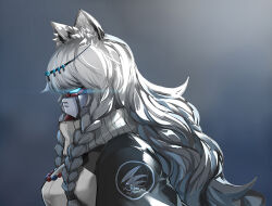 Rule 34 | 1girl, animal ear fluff, animal ears, arknights, bead necklace, beads, black jacket, blue eyes, braid, breasts, circlet, clothes writing, female focus, from side, gqi (pixiv 11877511), grey background, grey hair, jacket, jewelry, large breasts, leopard ears, leopard girl, long hair, mask, necklace, pramanix (arknights), profile, sidelocks, simple background, solo, standing, sweater, turtleneck, turtleneck sweater, twin braids, upper body, white sweater