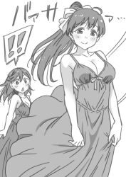 Rule 34 | !, !!, 2girls, arms at sides, backless dress, backless outfit, bow, breasts, cleavage, closed mouth, clothes lift, collarbone, commentary request, dress, greyscale, hair bow, hazuki ren, high ponytail, implied pantyshot, large breasts, long dress, long hair, love live!, love live! superstar!!, marugoshi teppei, medium hair, monochrome, multiple girls, open mouth, shibuya kanon, simple background, skirt, skirt lift, sleeveless, sleeveless dress, sound effects, split mouth, spoken exclamation mark, translation request, triangle mouth, v-shaped eyebrows, white background, wind