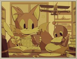 Rule 34 | 1boy, 1other, animal ears, animal nose, artist name, black eyes, book, border, box, bread, bread slice, brown fur, cheese (sonic), closed mouth, cookie, creature, cup, dark skin, door, eating, food, fox boy, fox ears, fox tail, furry, furry male, gloves, hands up, holding, holding cup, holding food, indoors, ink, instrument case, long sleeves, looking at another, looking down, mini wings, multiple tails, ombeo o, pillow, plate, quill, shelf, sitting, smile, sonic (series), standing, star (symbol), star sticker, sweater, table, tail, tails (sonic), toy airplane, two tails, wall, white border, white gloves, white sweater, wings, writing