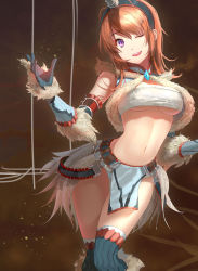 Rule 34 | 1girl, armor, blue eyes, breasts, brown hair, cao xiong, capcom, fur trim, gauntlets, highres, kirin (armor), midriff, monster hunter (series), one eye closed, open mouth, short hair, smile, solo, thighhighs, underboob, wink