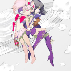 Rule 34 | 2girls, bad id, bad pixiv id, bishoujo senshi sailor moon, bishoujo senshi sailor moon s, black hair, bob cut, boots, bow, brooch, chibi usa, choker, cone hair bun, cross-laced footwear, curly hair, double bun, earrings, elbow gloves, full body, gloves, hair bun, hair ornament, heart, heart brooch, heart choker, holding, holding hands, jewelry, knee boots, lace-up boots, magical girl, multiple girls, pink hair, pink sailor collar, pleated skirt, purple eyes, purple sailor collar, purple skirt, red eyes, sailor chibi moon, sailor collar, sailor saturn, sailor senshi, saturn (planet), short hair, skirt, smile, tiara, tomoe hotaru, twintails, wand, white gloves, zakki