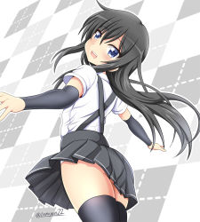 Rule 34 | 1girl, :d, arm warmers, asashio (kancolle), back, black hair, black thighhighs, blue eyes, checkered background, highres, kantai collection, long hair, looking at viewer, looking back, open mouth, outline, panties, pleated skirt, school uniform, shirt, short sleeves, skirt, smile, solo, suspenders, tamayan, thighhighs, twitter username, underwear, white outline, white panties, white shirt