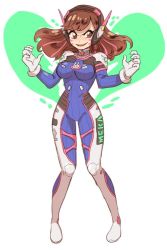 Rule 34 | 1girl, acronym, animal print, armor, bad id, bad twitter id, bodysuit, boots, bracer, breasts, breasts apart, brown eyes, brown hair, d.va (overwatch), evil smile, eyebrows, facepaint, facial mark, full body, gloves, hands up, headphones, jocheong, long hair, long sleeves, medium breasts, open mouth, overwatch, overwatch 1, pauldrons, pilot suit, rabbit print, ribbed bodysuit, shoulder armor, shoulder pads, skin tight, smile, solo, standing, thigh boots, thigh strap, thighhighs, turtleneck, whisker markings, white footwear, white gloves