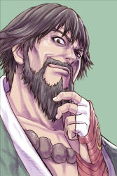 Rule 34 | 1boy, aoki masahiko, beads, beard, brown eyes, brown hair, collarbone, commentary request, facial hair, fingerless gloves, gloves, green background, hakama, hakama skirt, hand on own chin, hand up, highres, japanese clothes, kusanagi saishu, looking at viewer, male focus, mustache, prayer beads, red gloves, short hair, simple background, skirt, smirk, solo, stroking own chin, the king of fighters, upper body
