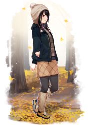 Rule 34 | 1girl, absurdres, black hair, commentary request, falling leaves, ginkgo tree, hat, highres, idolmaster, idolmaster shiny colors, jacket, kazano hiori, leaf, long hair, miyar2d2, mole, mole under eye, open clothes, open jacket, open mouth, pantyhose, purple eyes, sweater, tree, winter clothes