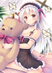 Rule 34 | 1girl, babydoll, bare shoulders, black dress, blonde hair, blush, breasts, closed mouth, dress, hair ornament, highres, long hair, looking at viewer, maid, moe2021, original, pillow, red eyes, seiza, simple background, sitting, small breasts, solo, star (symbol), stuffed animal, stuffed toy, teddy bear, thighhighs, toy, yorarry