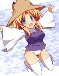 Rule 34 | 1girl, alternate breast size, blonde hair, blue eyes, breasts, hair ribbon, haniwagi (hal), hat, large breasts, looking at viewer, moriya suwako, no pants, open mouth, outstretched arms, panties, ribbon, shirt, smile, solo, thighhighs, touhou, underwear, vest, white panties, white thighhighs, wide sleeves