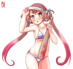 Rule 34 | 10s, 1girl, alternate costume, asagumo (kancolle), baseball bat, bikini, brown hair, collarbone, commentary request, dated, grey eyes, highres, holding, kanon (kurogane knights), kantai collection, long hair, looking at viewer, simple background, sketch, solo, striped bikini, striped clothes, sweat, swimsuit, twintails, unworn blindfold, white background